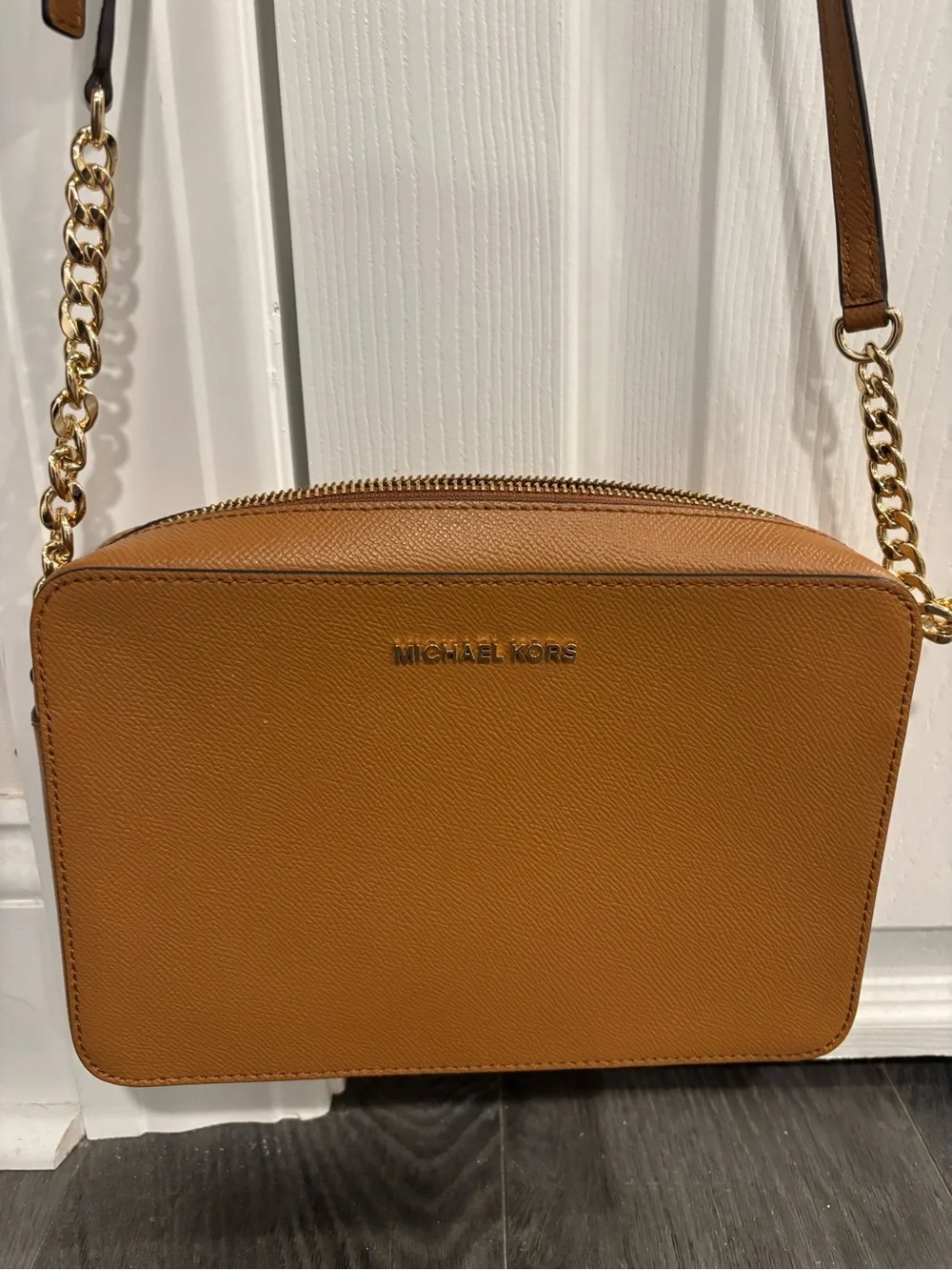 Michael Kors Cognac Saffiano Crossbody with Gold Chain
